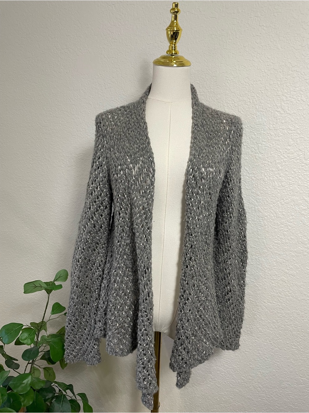 Eileen Fisher Chunky Knit Open Front Cardigan Sweater Wool Alpaca Grey PL
